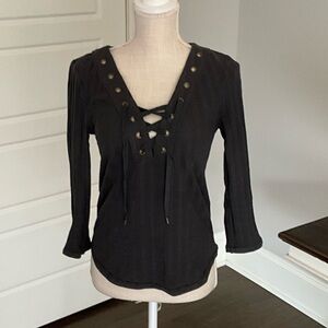 Free People Black Lace-Up Blouse